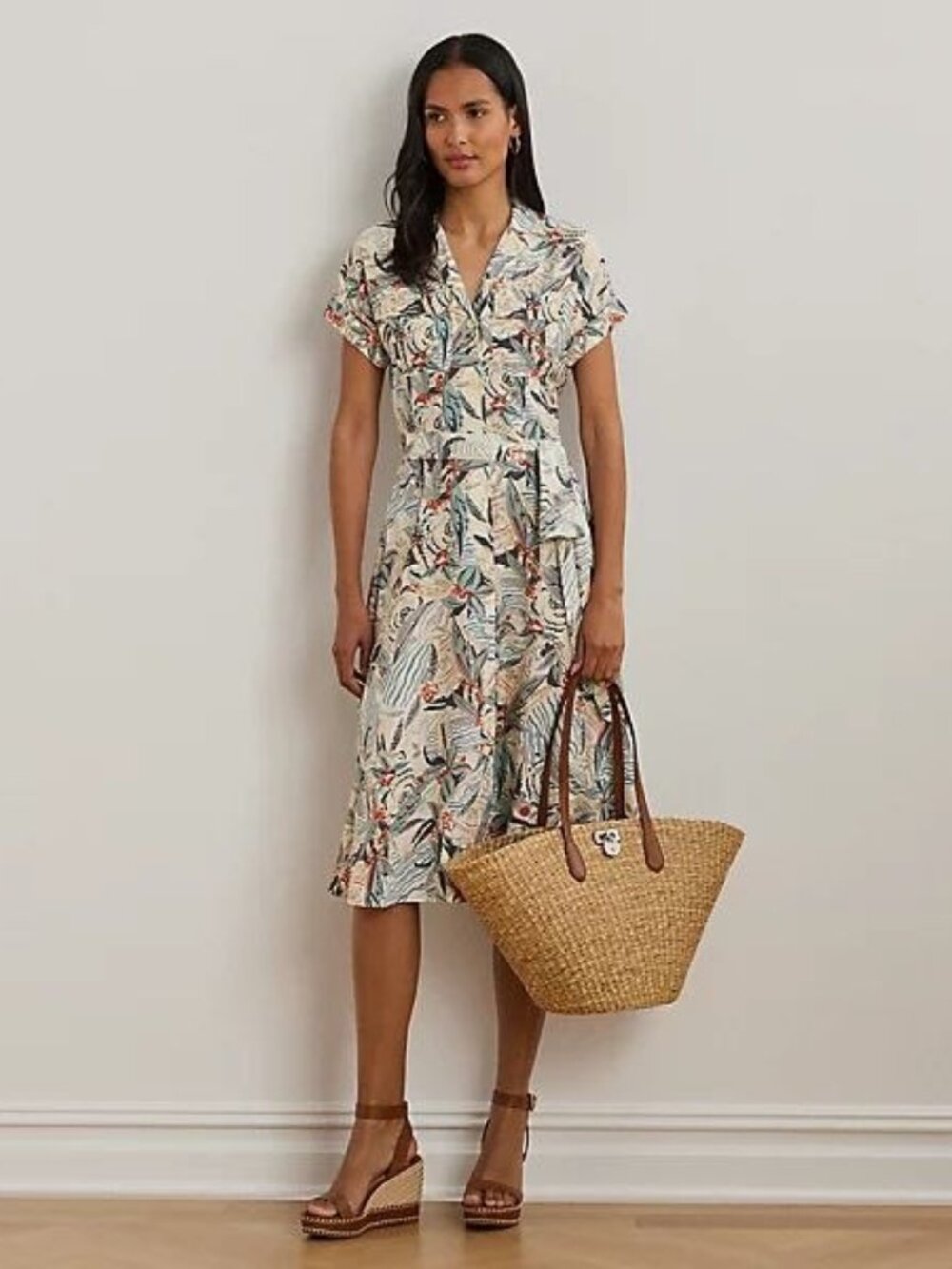 $125 Lauren Ralph Lauren Print Belted Crepe Camp Petite Shirtdress Size 4P
